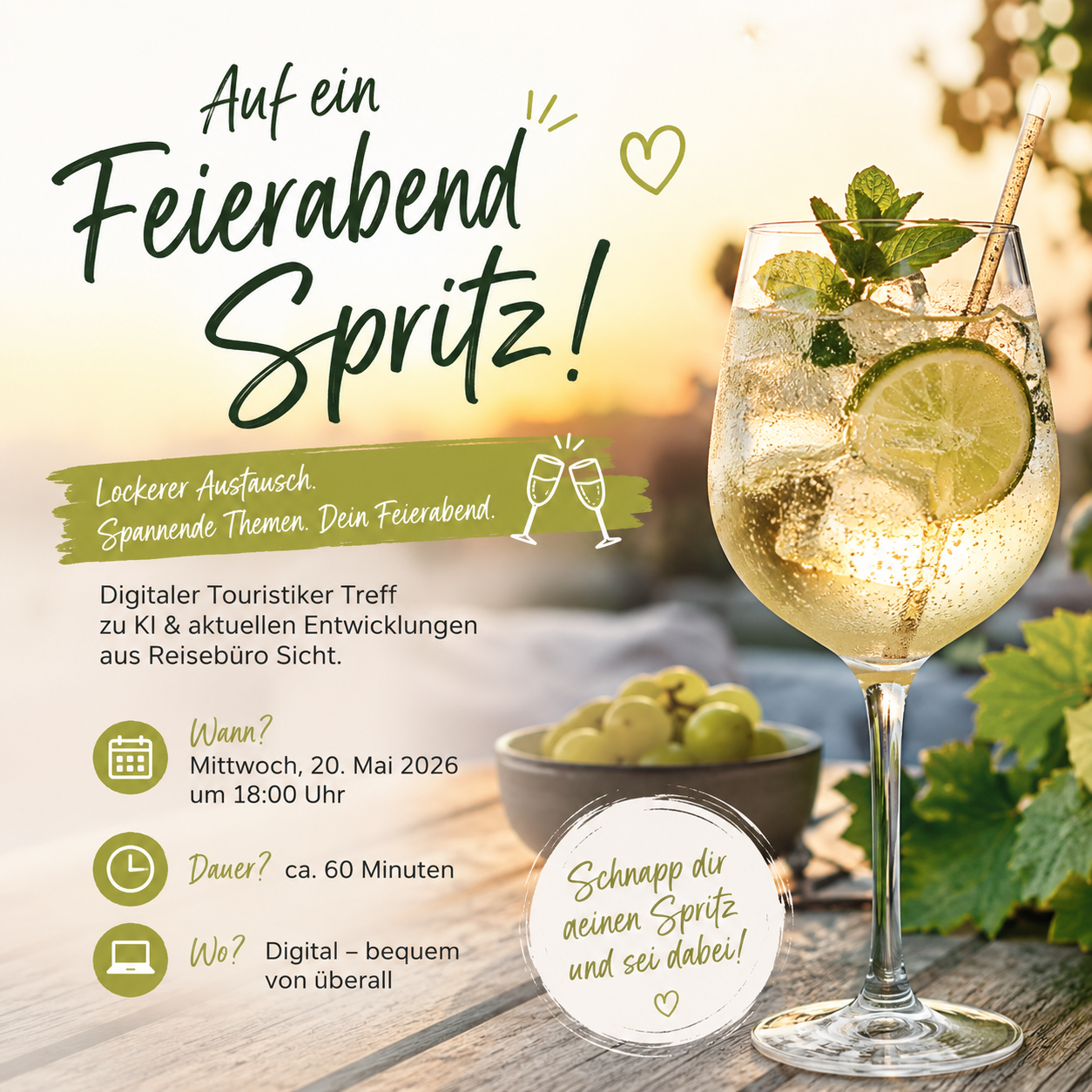Grafik für den digitalen „Feierabend Spritz“ – ein Online-Treff für Touristiker zu KI und aktuellen Entwicklungen aus Reisebüro-Sicht am 20. Mai 2026 um 18 Uhr.