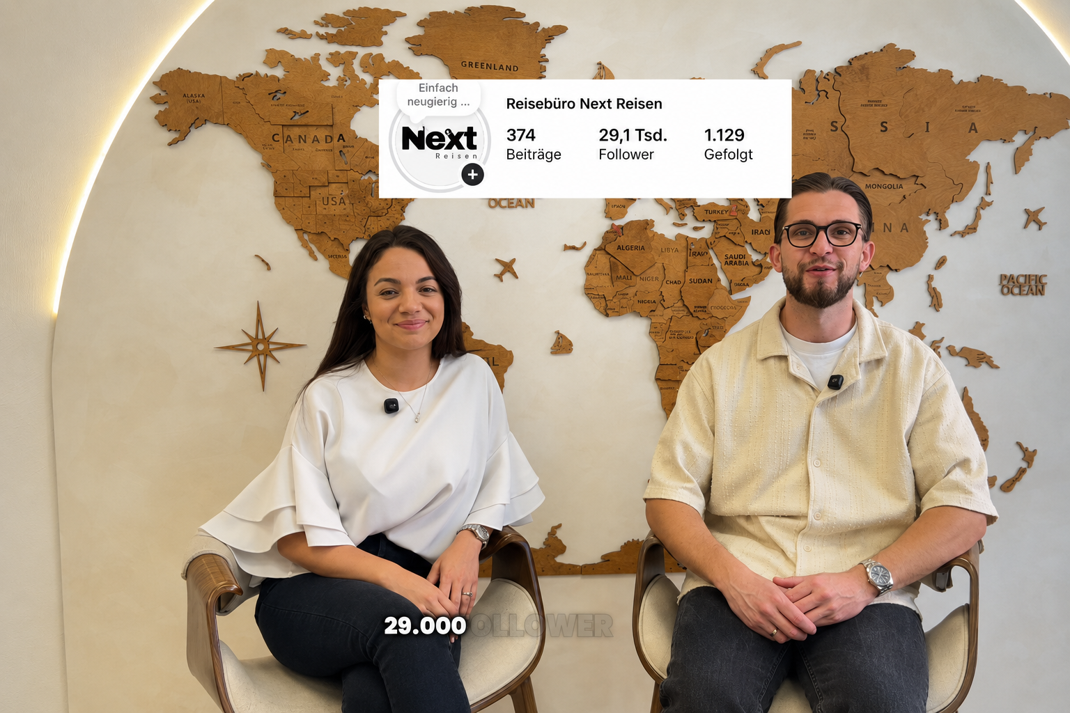 Die Inhaber von Next Reisen vor einer Weltkarte mit Einblendung des Instagram-Profils und 29.000 Followern.